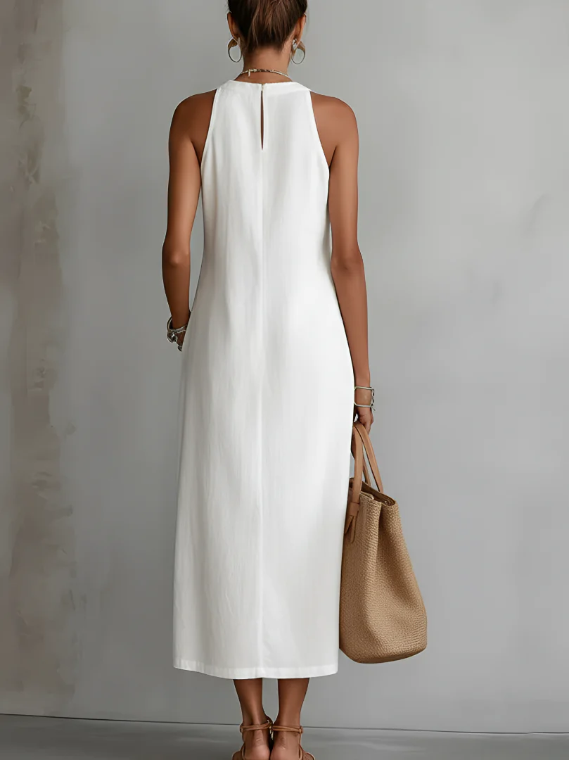 JIMENA | VESTIDO MIDI DE LINO CON CUELLO REDONDO