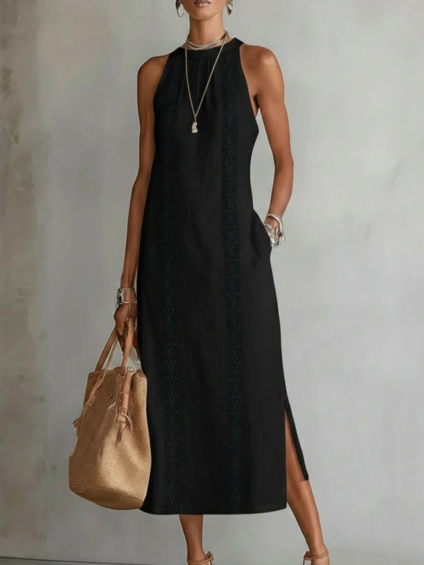 JIMENA | VESTIDO MIDI DE LINO CON CUELLO REDONDO